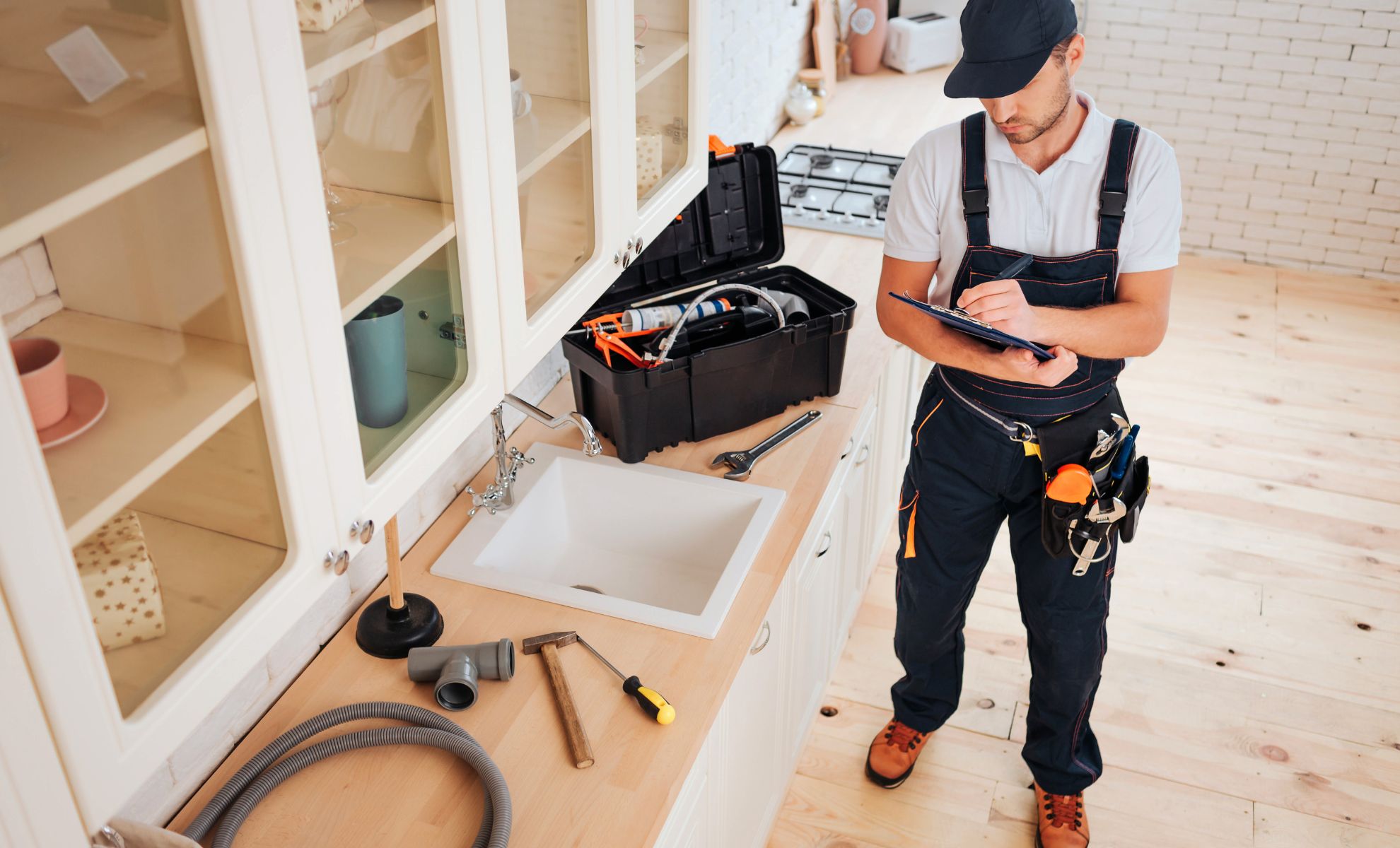 A plumber standing in front of a kitchen sink.