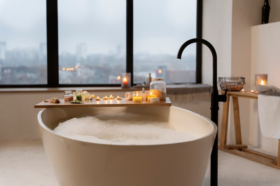 bathroom with candles bathtub filled with water
